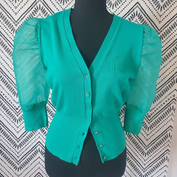 Green mesh puff shoulder sweater - Picture 1 of 4
